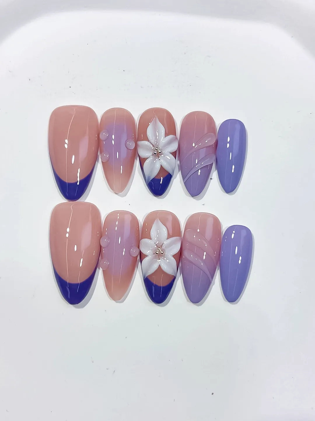 Medium Nude Purple Almond French tip Flower Shell