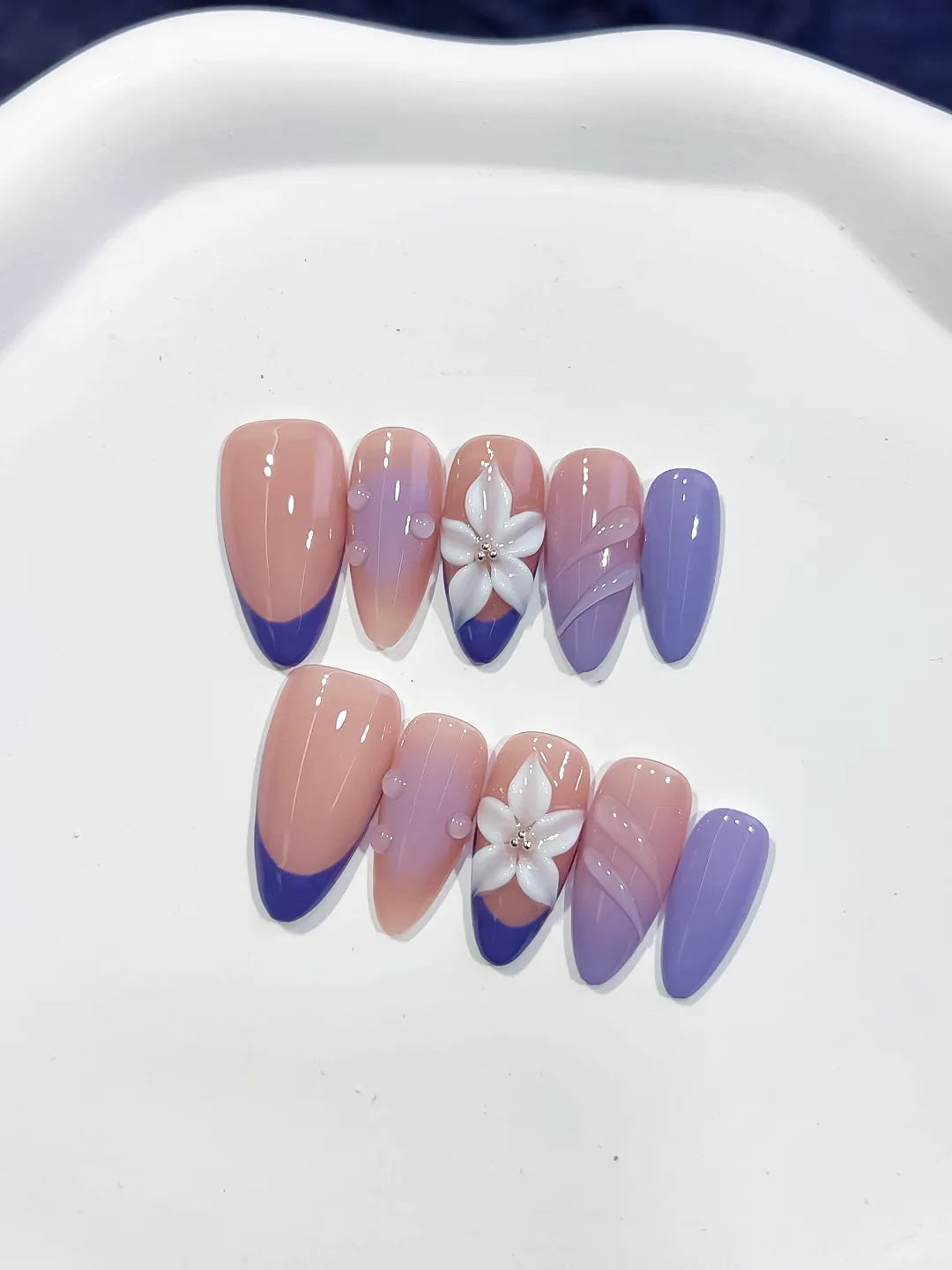 Medium Nude Purple Almond French tip Flower Shell