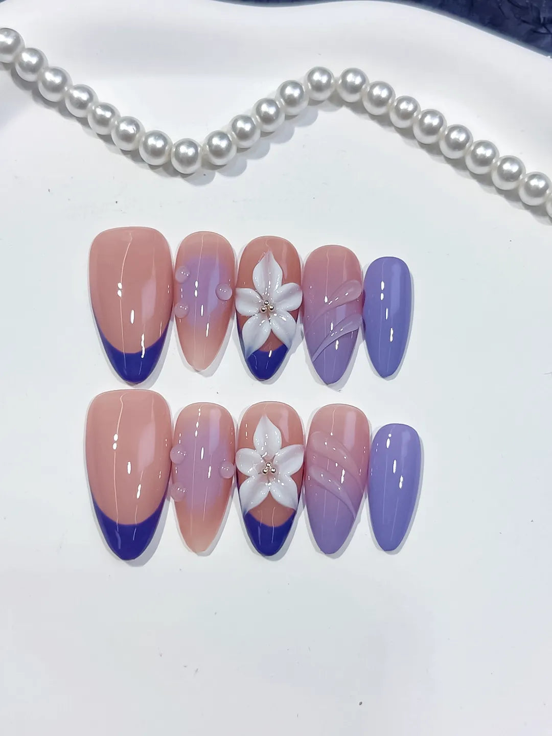 Medium Nude Purple Almond French tip Flower Shell