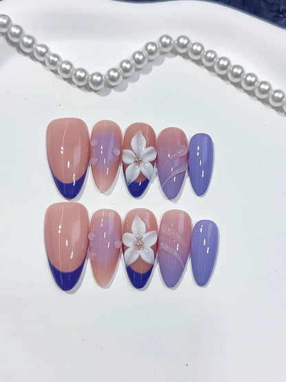 Medium Nude Purple Almond French tip Flower Shell