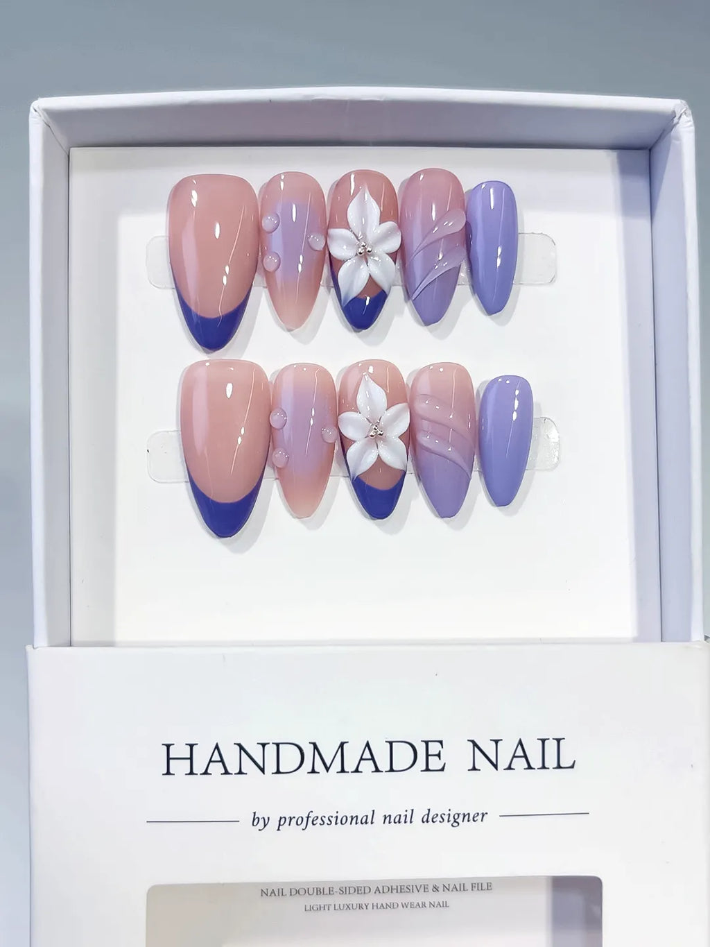 Medium Nude Purple Almond French tip Flower Shell