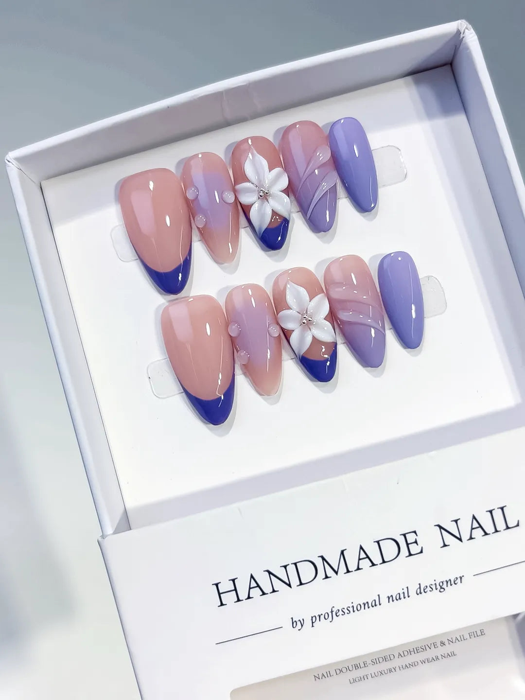 Medium Nude Purple Almond French tip Flower Shell
