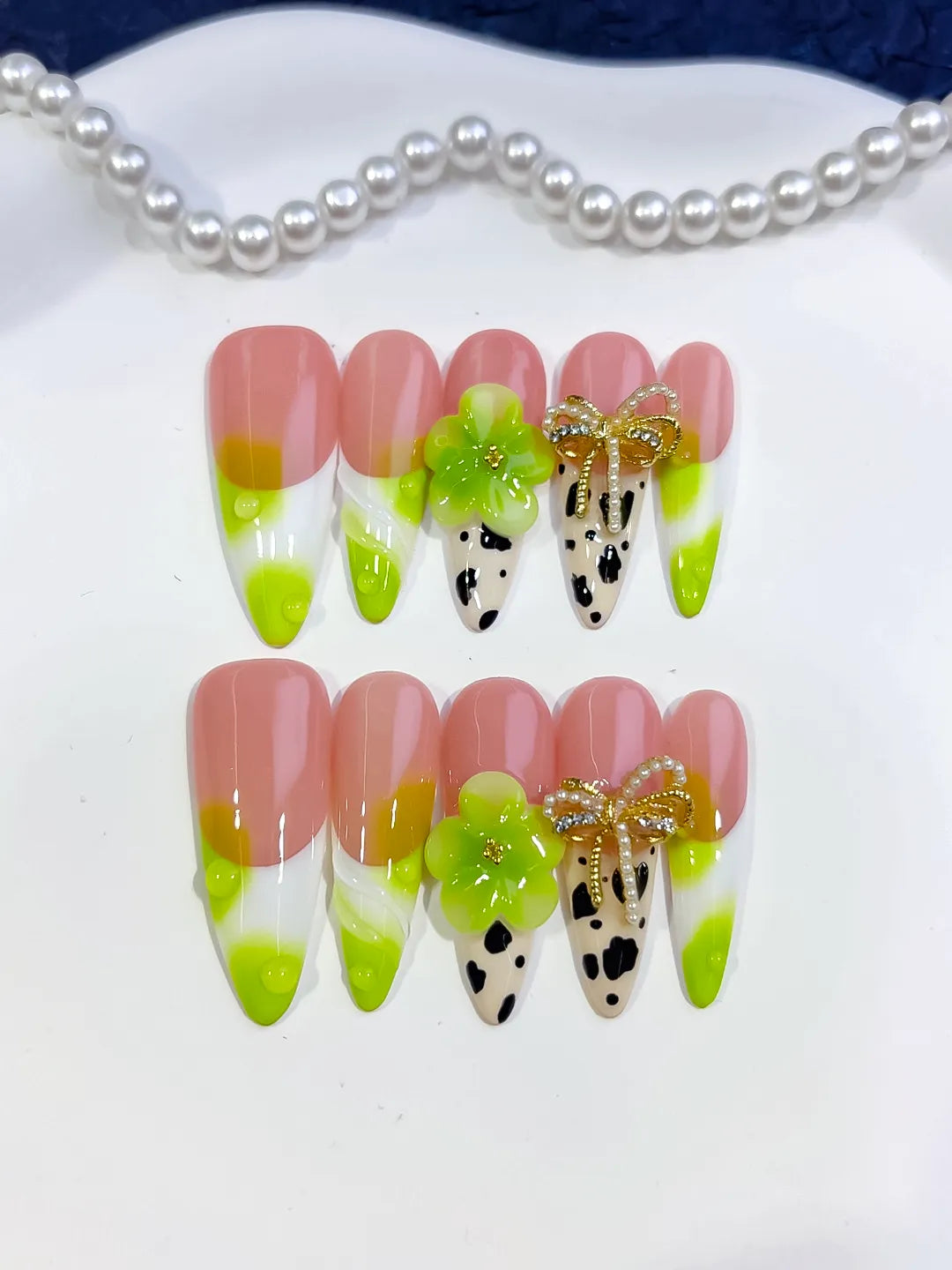 Long Nude Green Almond French tip Flower Bow