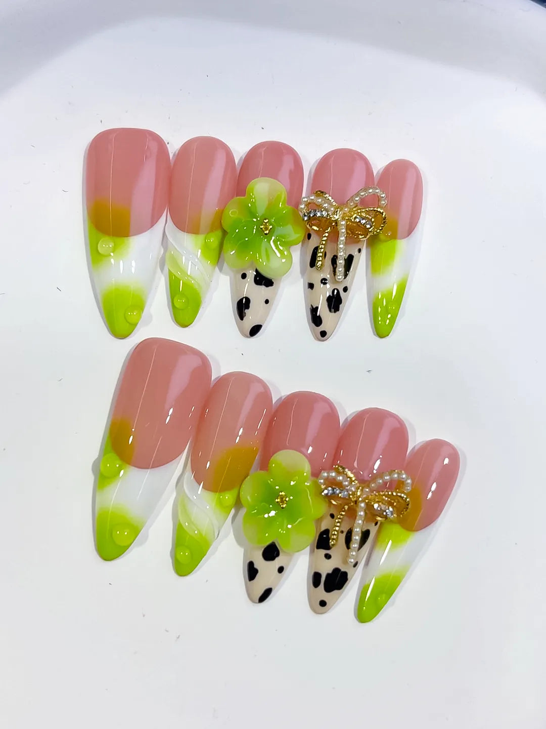 Long Nude Green Almond French tip Flower Bow