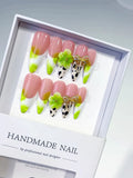 Long Nude Green Almond French tip Flower Bow
