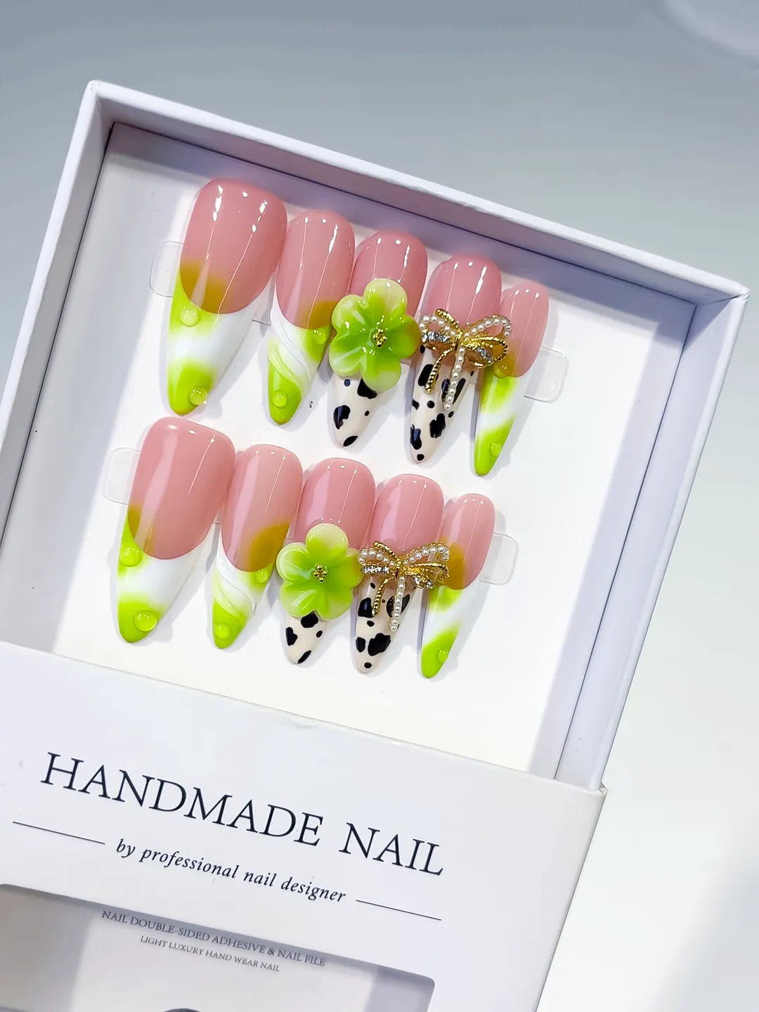 Long Nude Green Almond French tip Flower Bow