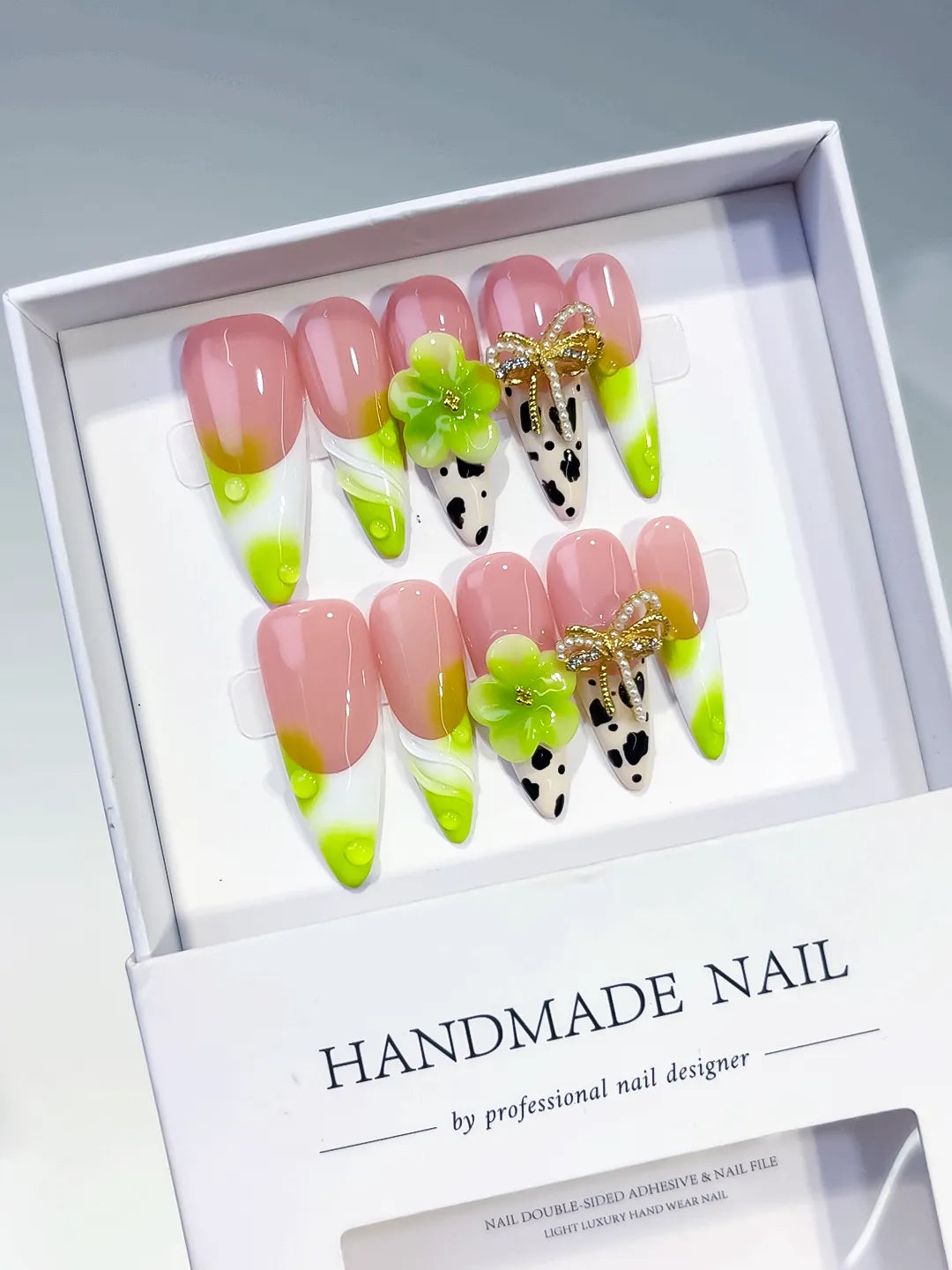 Long Nude Green Almond French tip Flower Bow