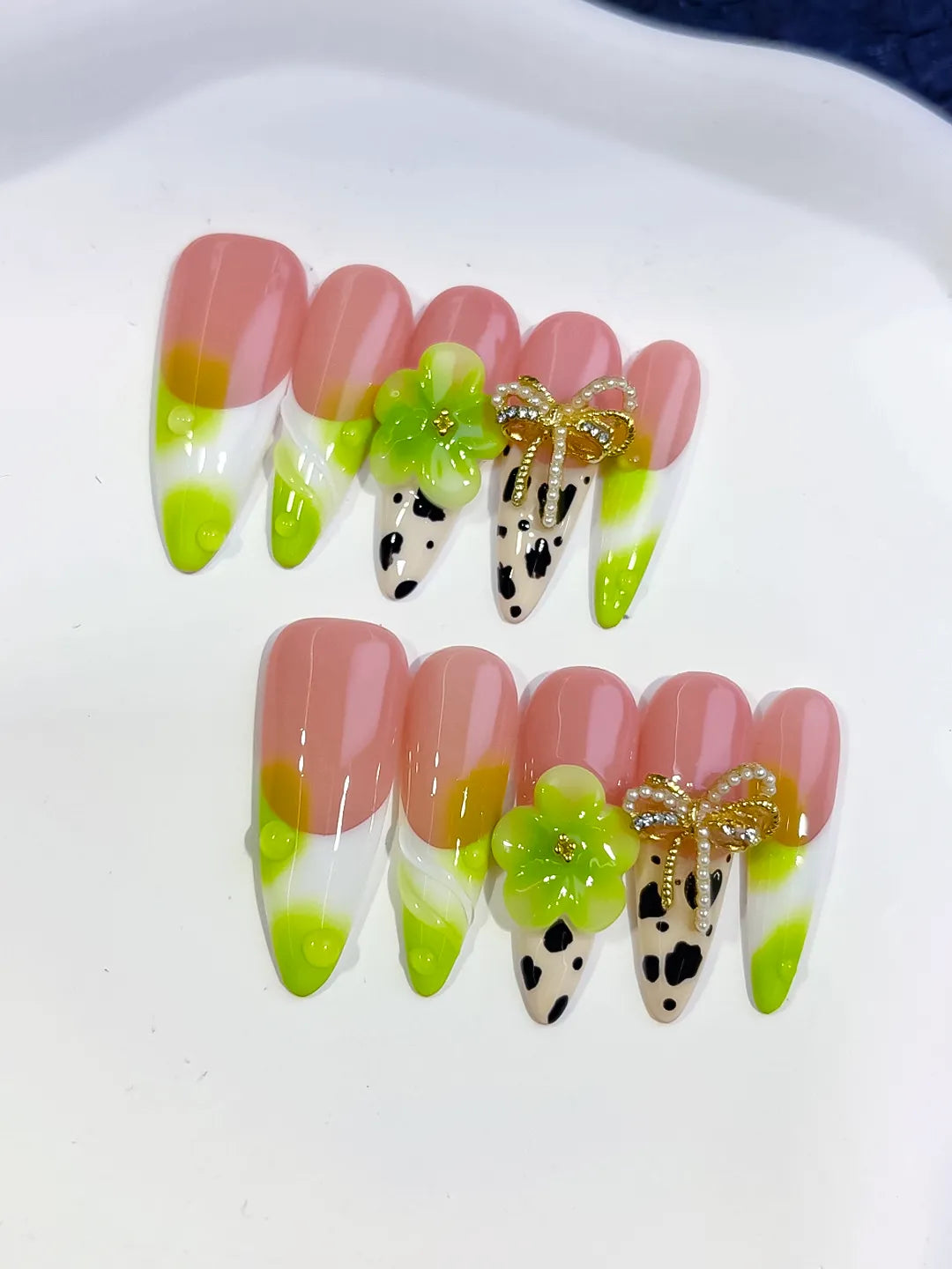 Long Nude Green Almond French tip Flower Bow