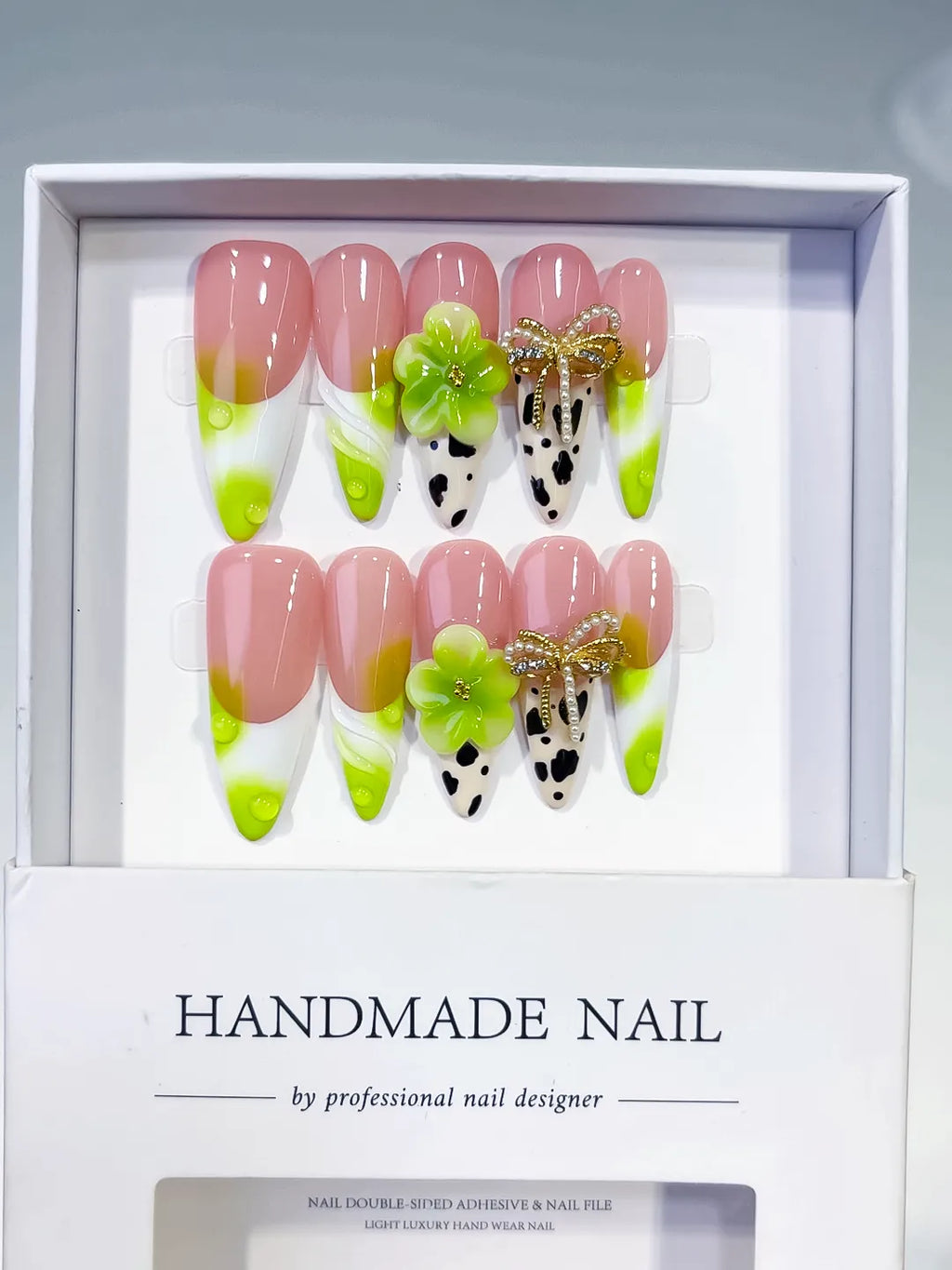 Long Nude Green Almond French tip Flower Bow