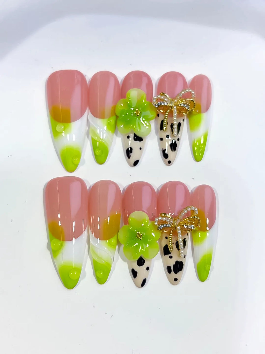 Long Nude Green Almond French tip Flower Bow