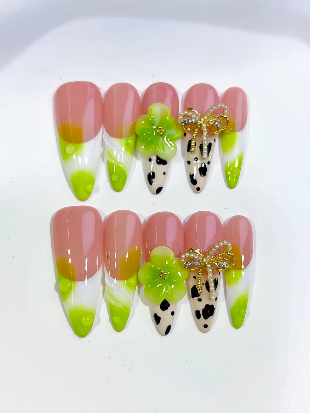 Long Nude Green Almond French tip Flower Bow