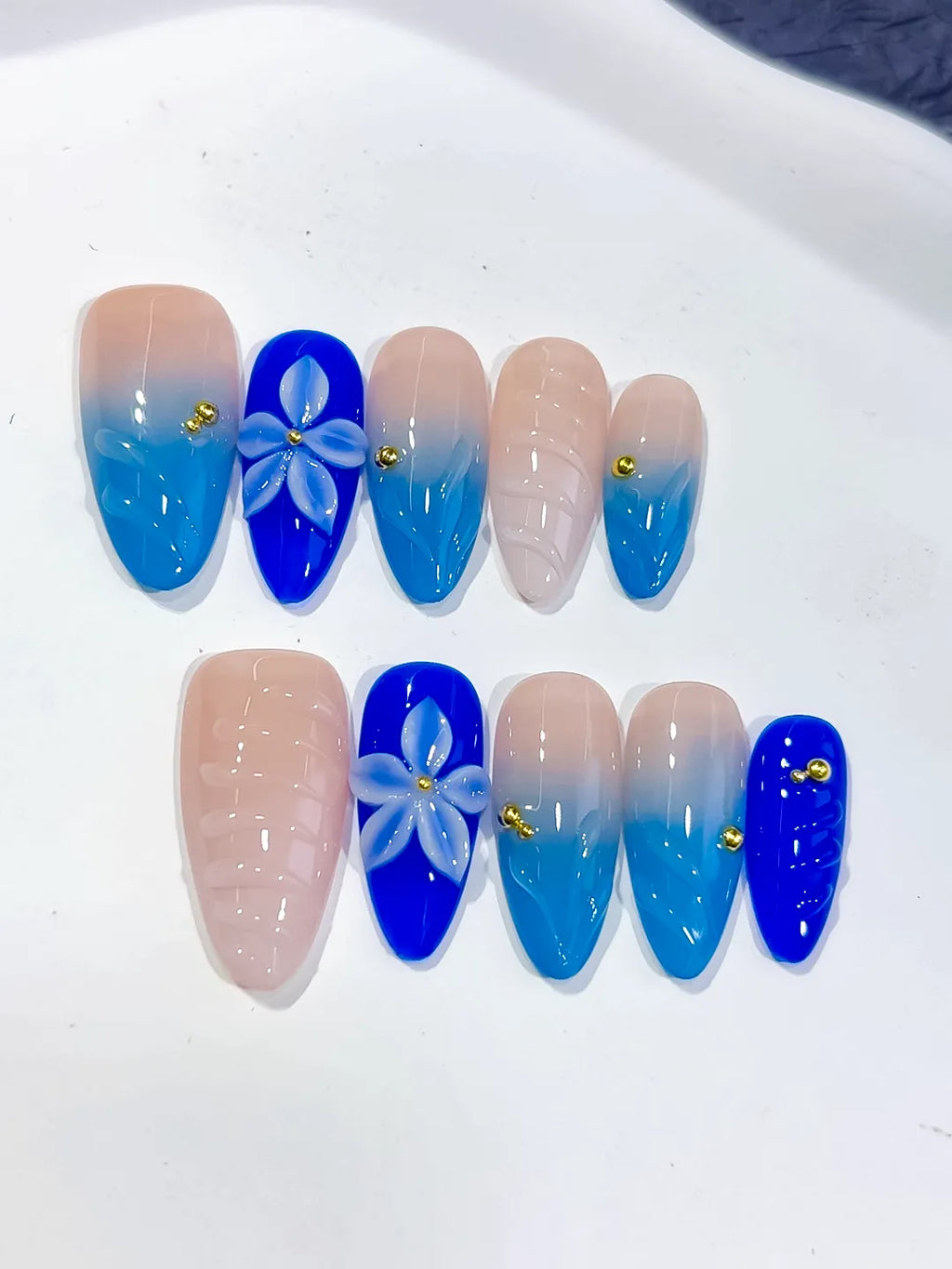 Medium Nude Blue Almond Ombre Flower Shell