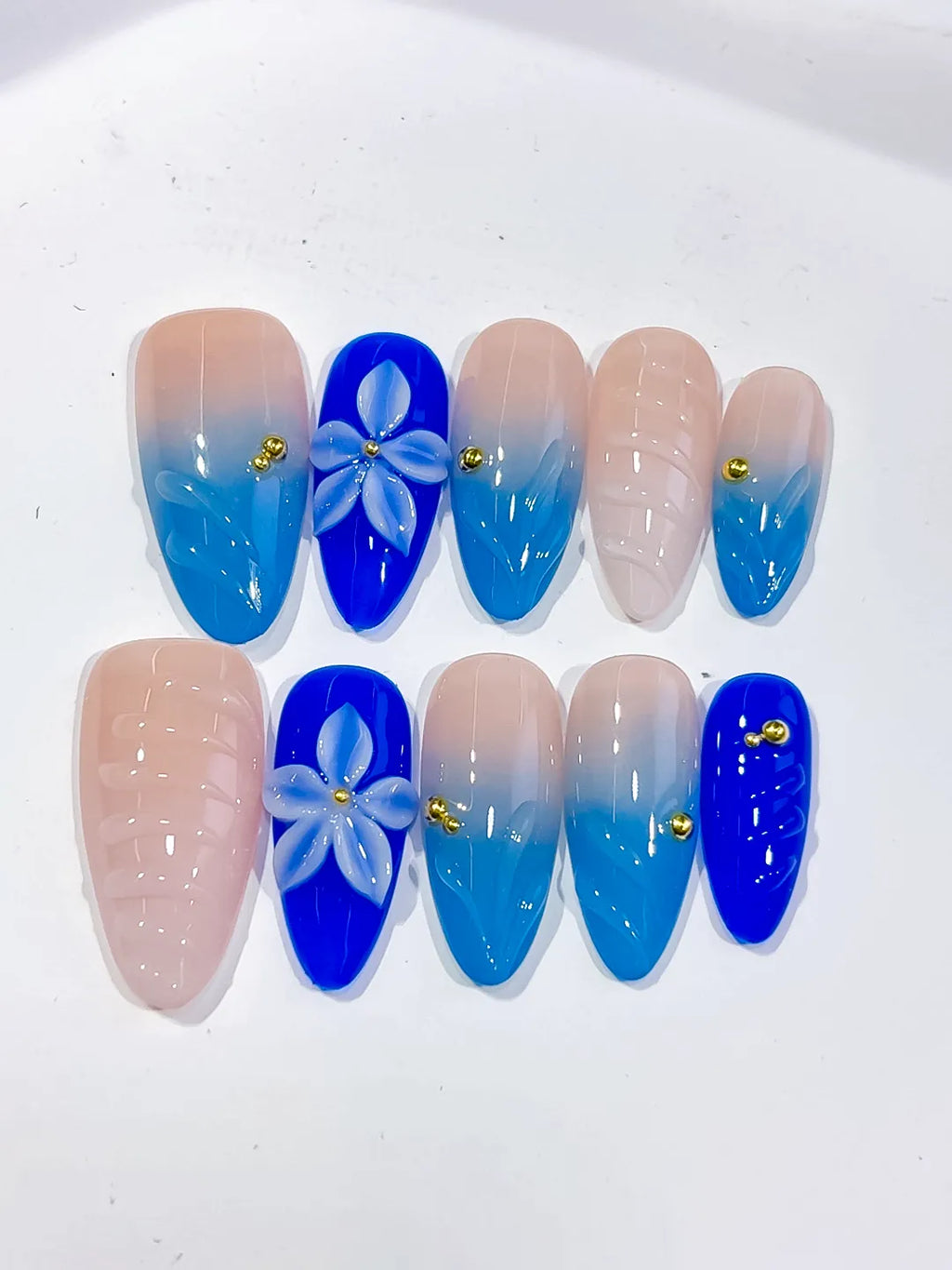 Medium Nude Blue Almond Ombre Flower Shell