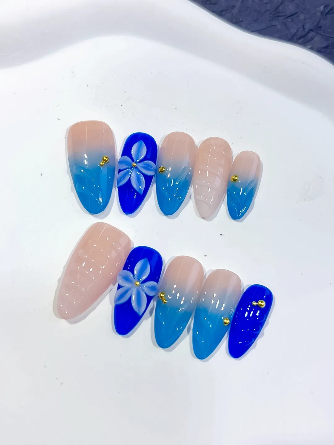 Medium Nude Blue Almond Ombre Flower Shell
