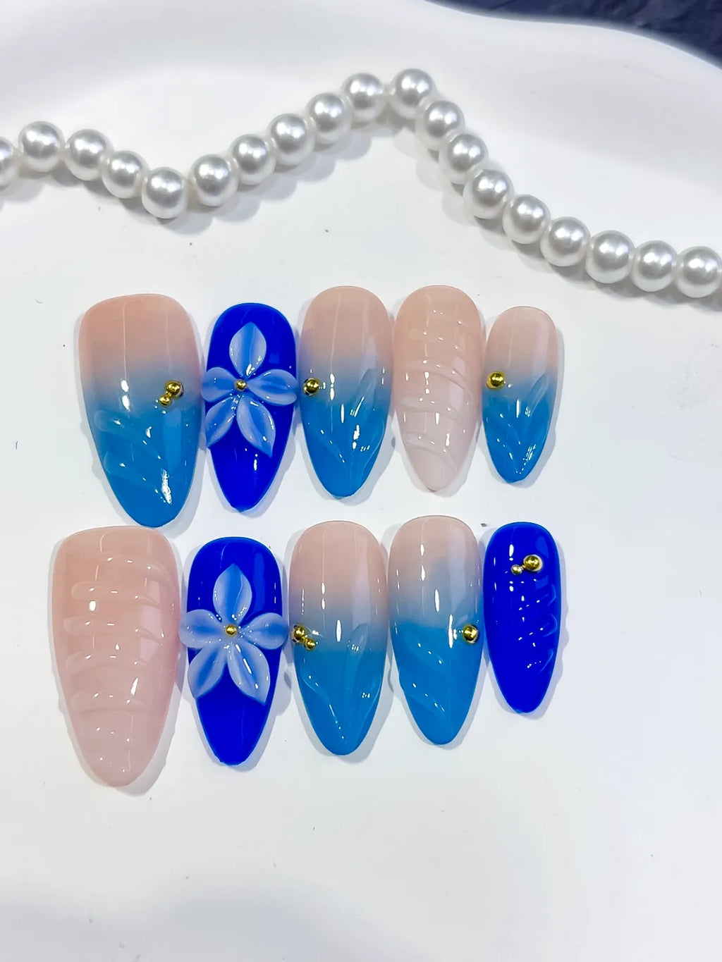 Medium Nude Blue Almond Ombre Flower Shell