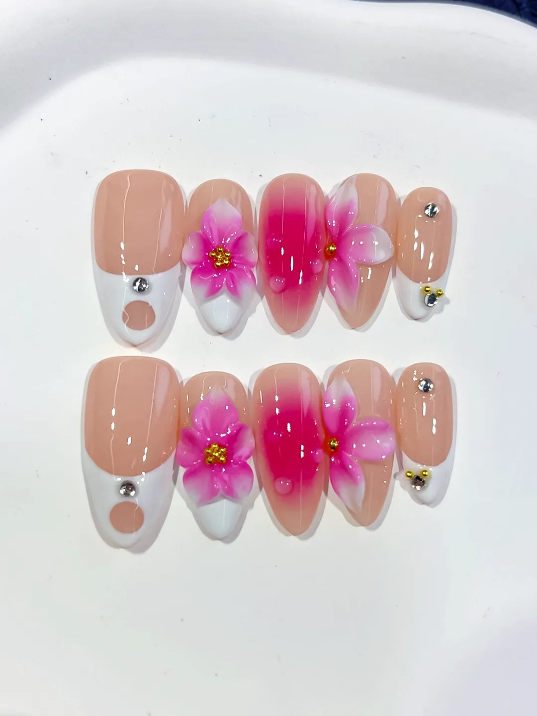 Medium Nude Pink Almond French tip Flower Rhinestone