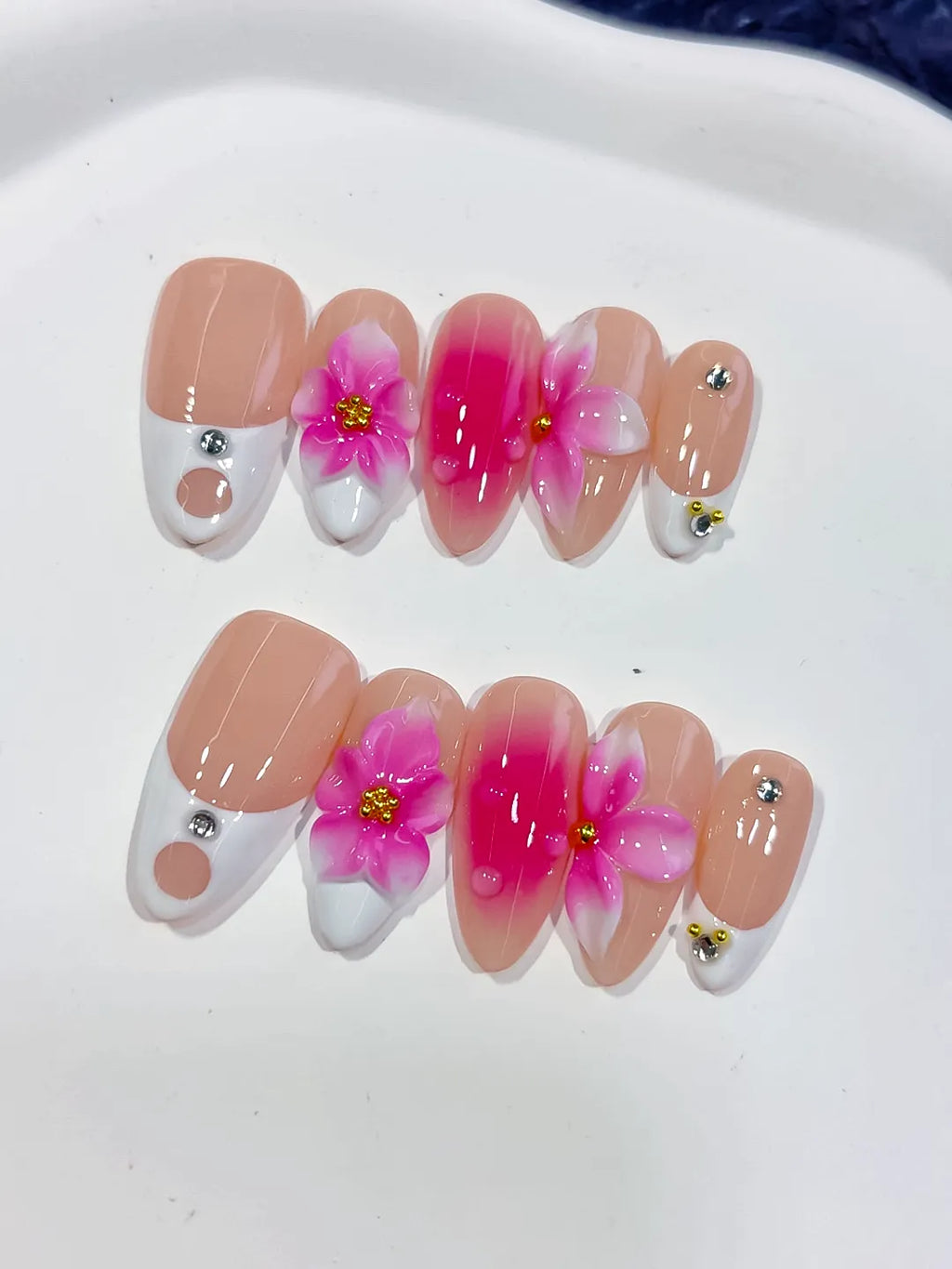 Medium Nude Pink Almond French tip Flower Rhinestone