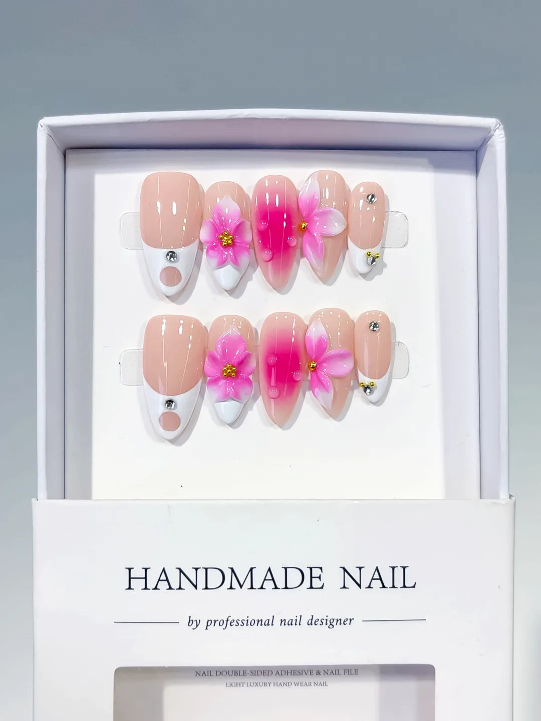 Medium Nude Pink Almond French tip Flower Rhinestone