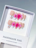 Medium Nude Pink Almond French tip Flower Rhinestone
