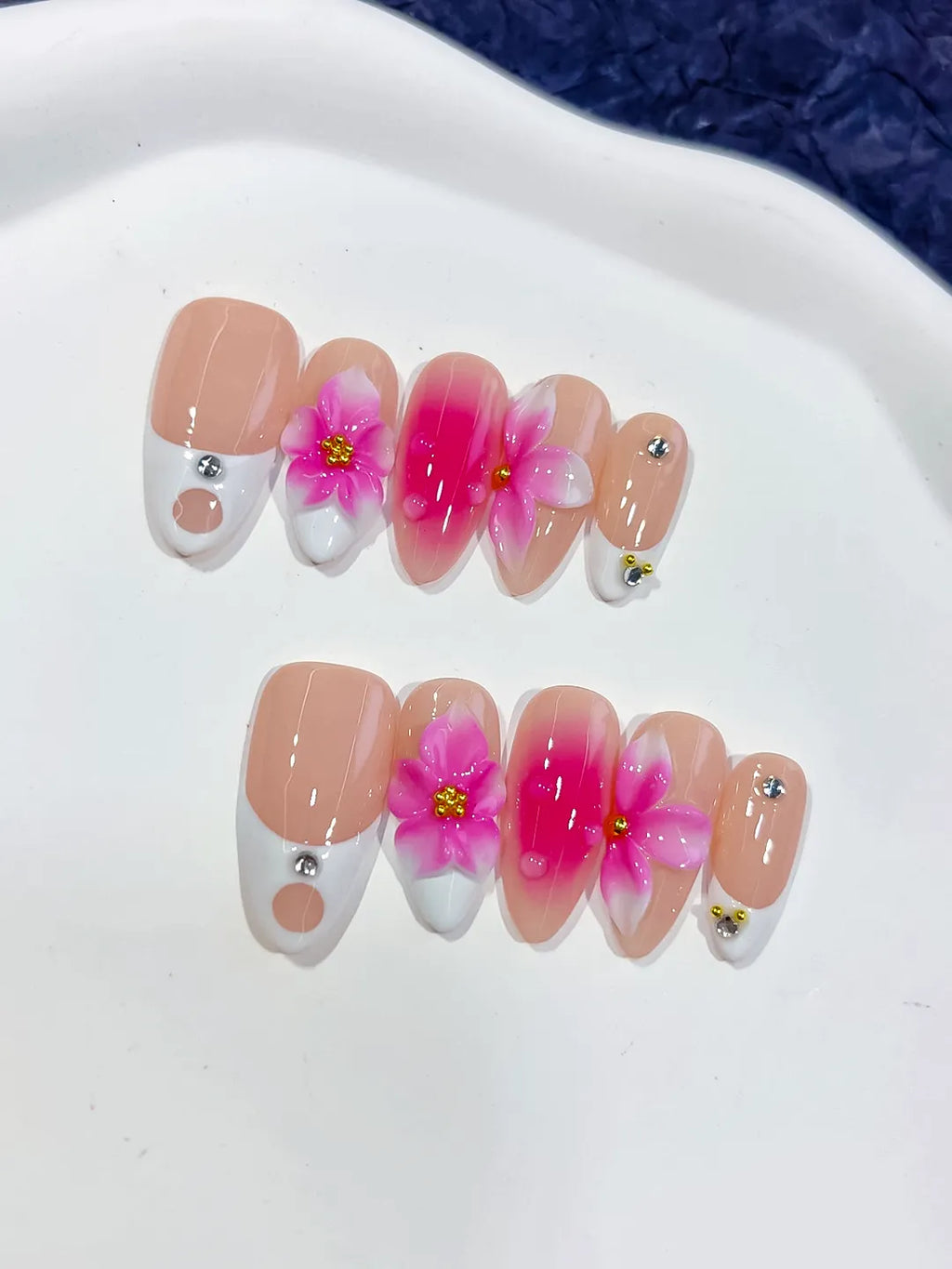Medium Nude Pink Almond French tip Flower Rhinestone
