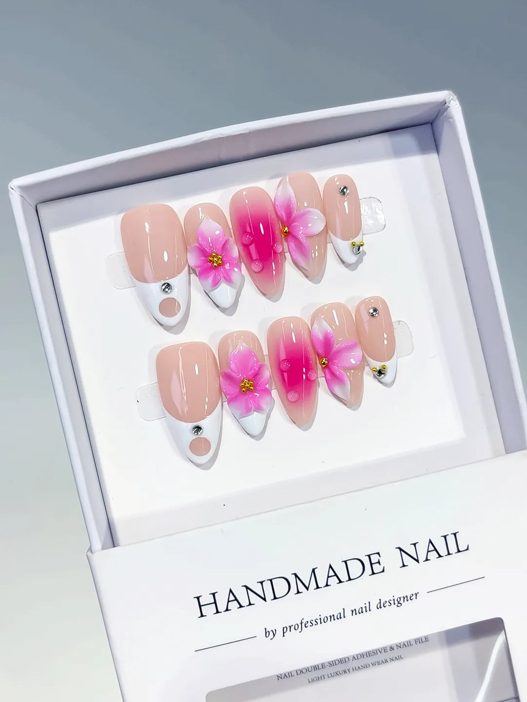 Medium Nude Pink Almond French tip Flower Rhinestone