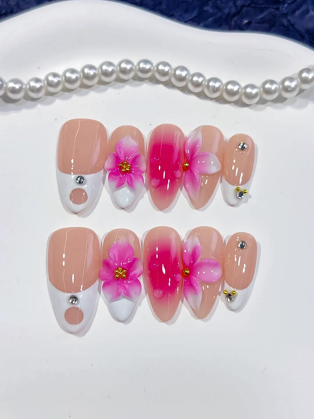 Medium Nude Pink Almond French tip Flower Rhinestone