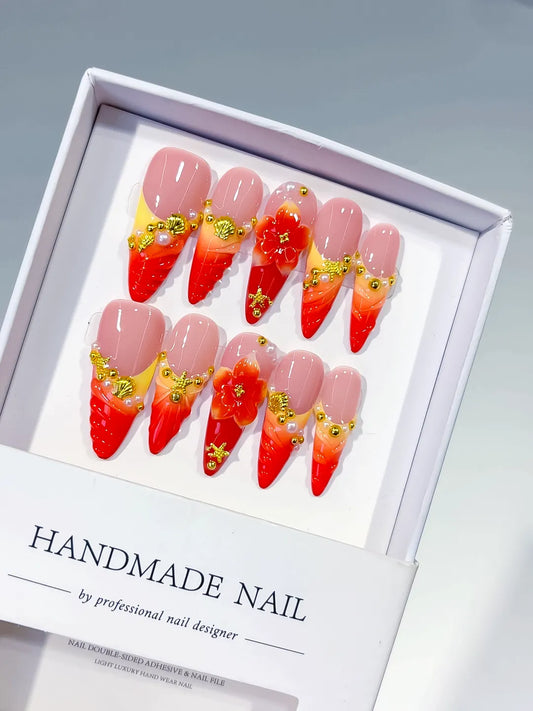 Long Nude Red Almond French tip Flower Metallic Charm