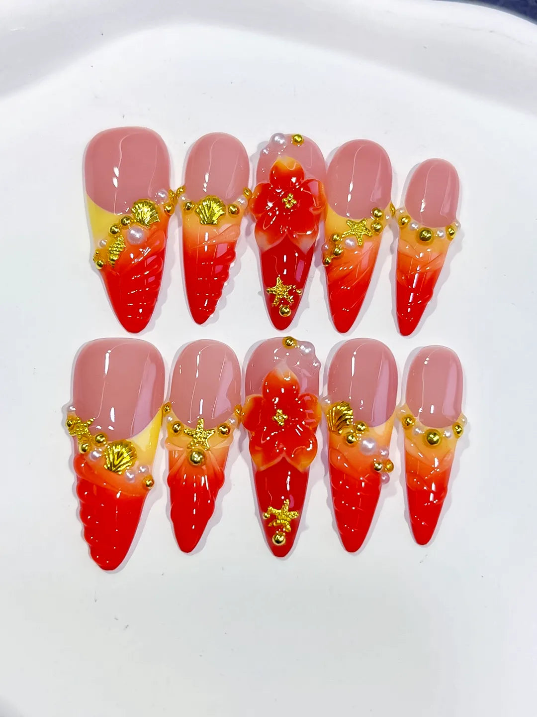 Long Nude Red Almond French tip Flower Metallic Charm