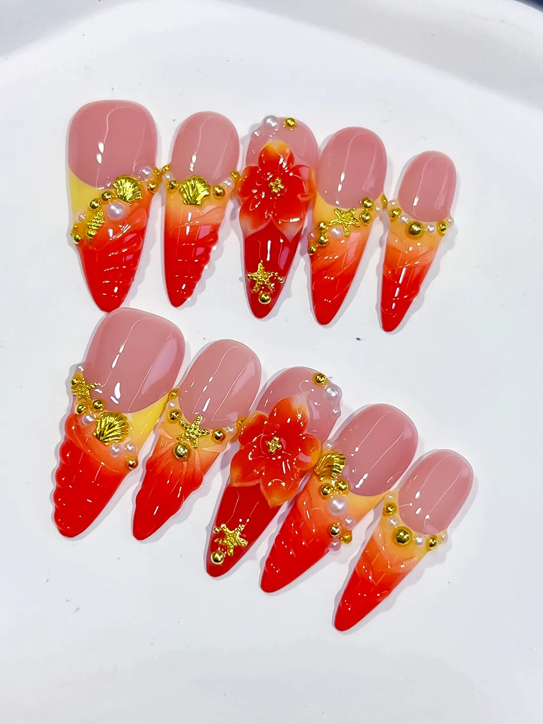Long Nude Red Almond French tip Flower Metallic Charm