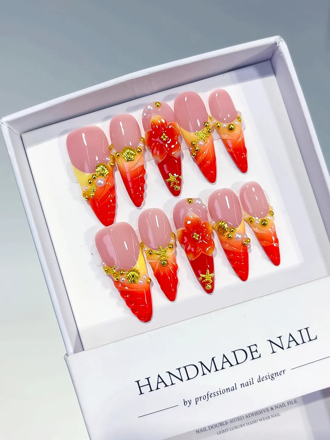 Long Nude Red Almond French tip Flower Metallic Charm