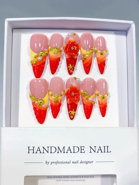 Long Nude Red Almond French tip Flower Metallic Charm