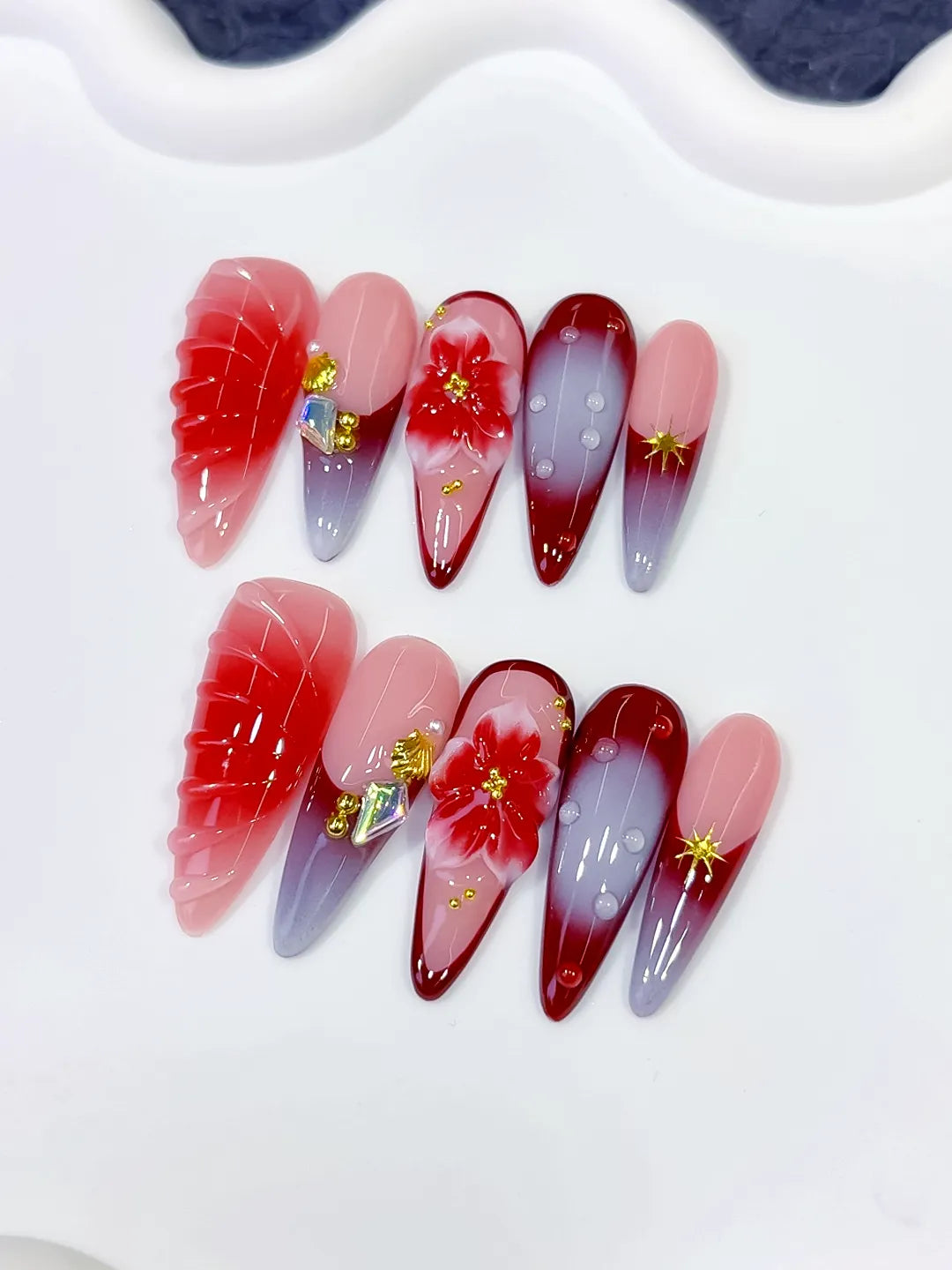 Long Pink Red Almond Ombre Flower Shell