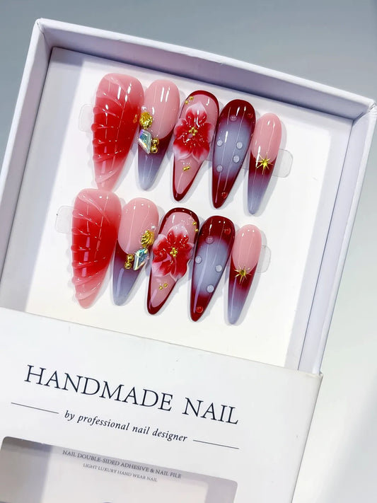 Long Pink Red Almond Ombre Flower Shell