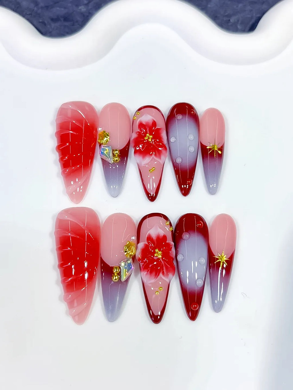 Long Pink Red Almond Ombre Flower Shell