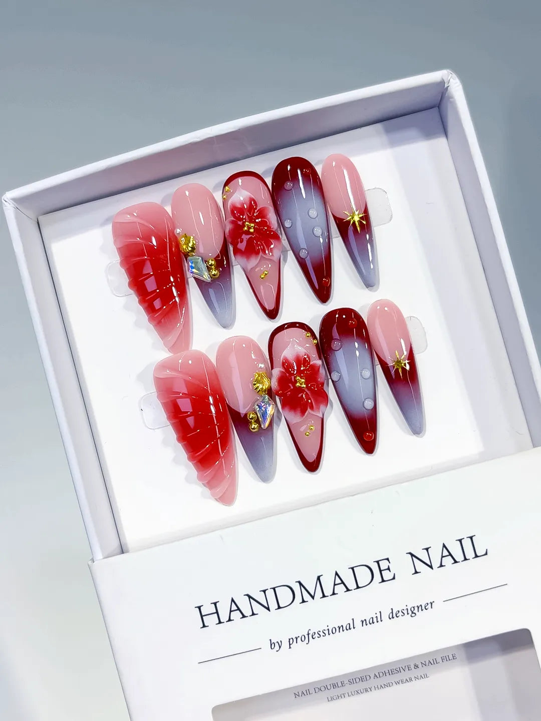 Long Pink Red Almond Ombre Flower Shell