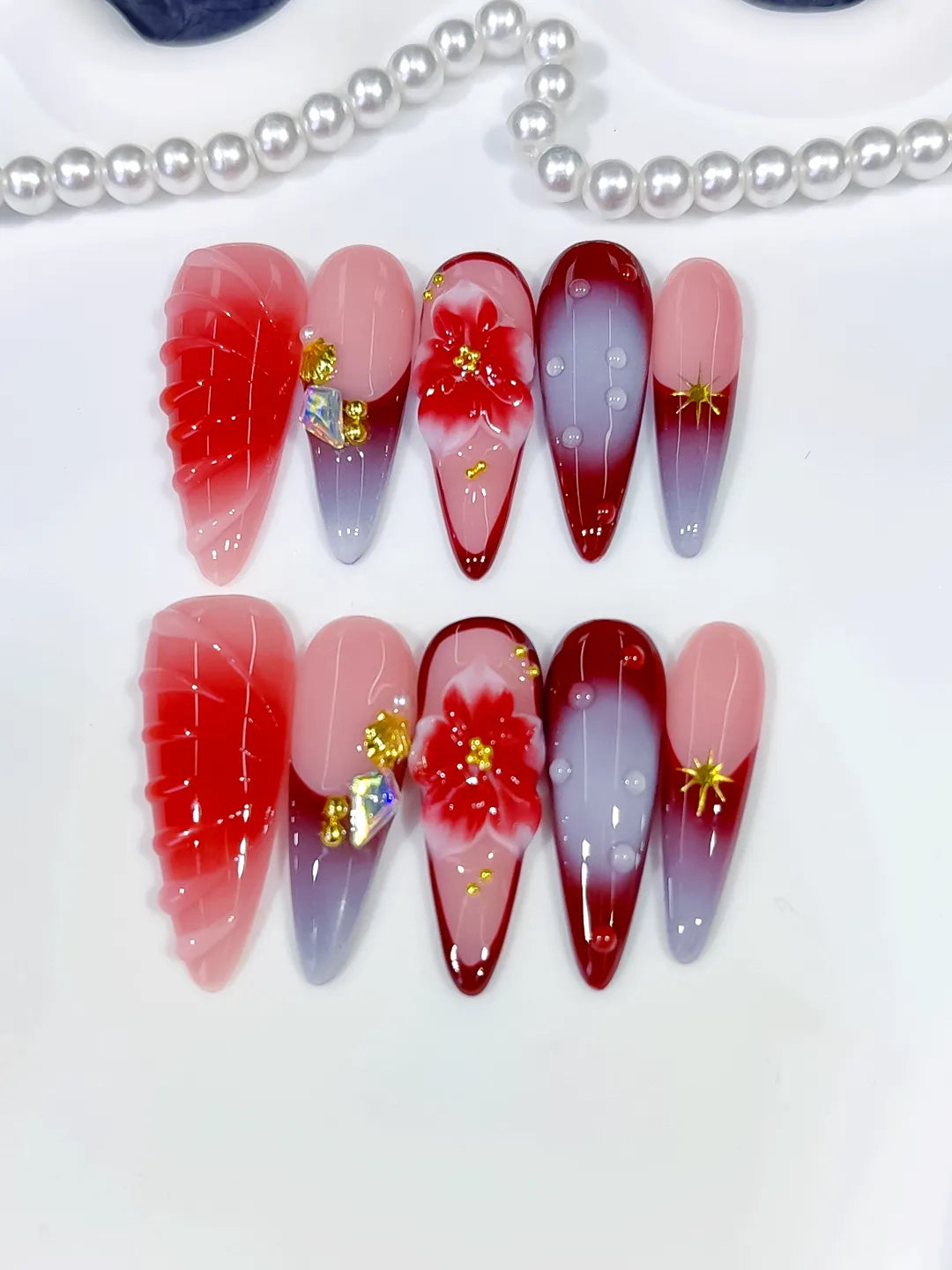 Long Pink Red Almond Ombre Flower Shell