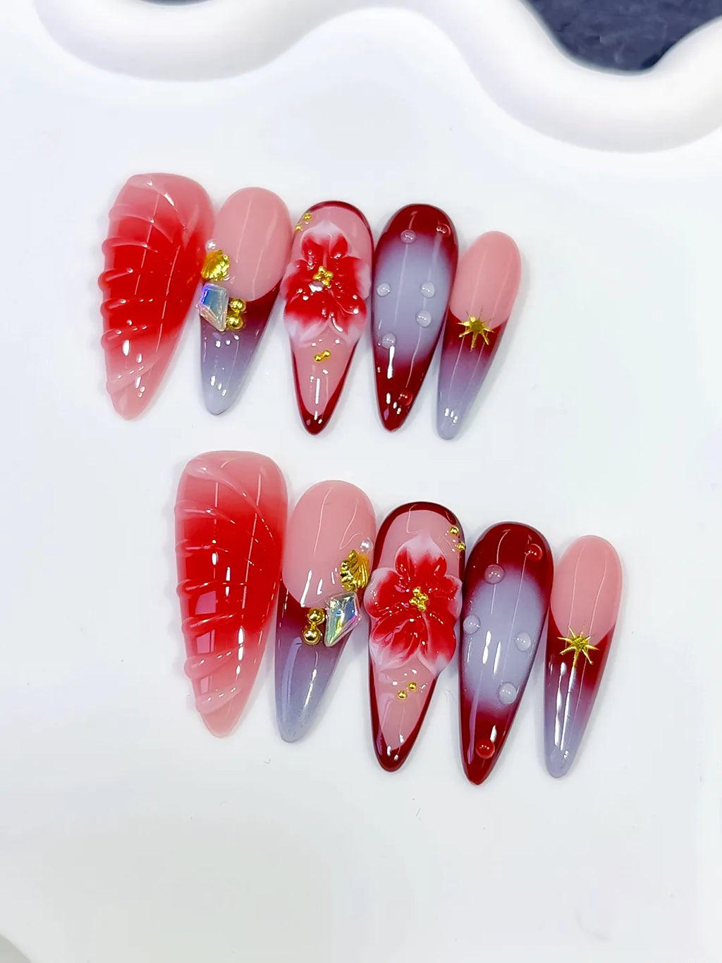 Long Pink Red Almond Ombre Flower Shell