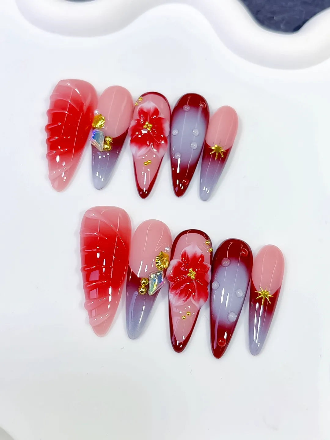 Long Pink Red Almond Ombre Flower Shell