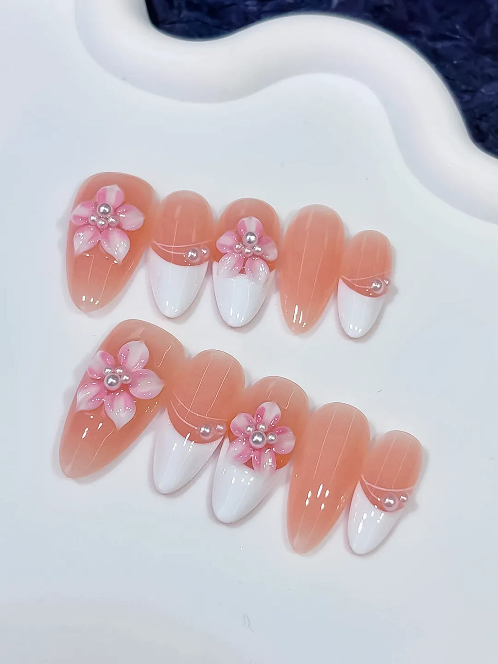 Medium Nude White Almond French tip Flower Pearl