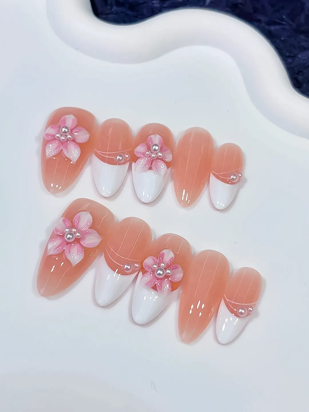 Medium Nude White Almond French tip Flower Pearl