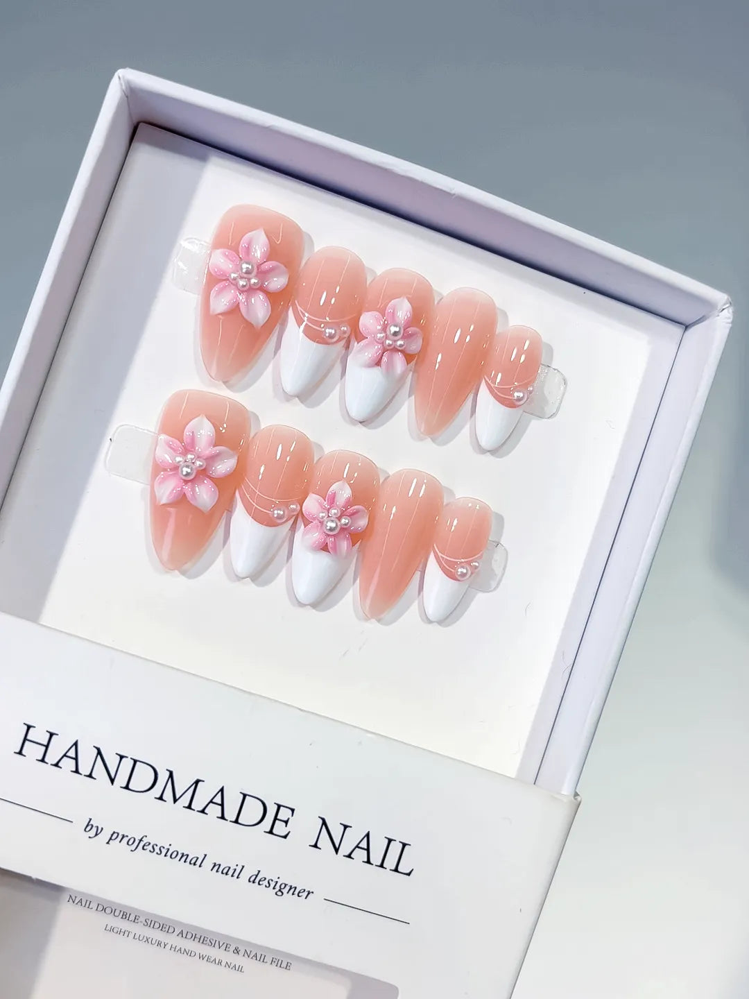 Medium Nude White Almond French tip Flower Pearl