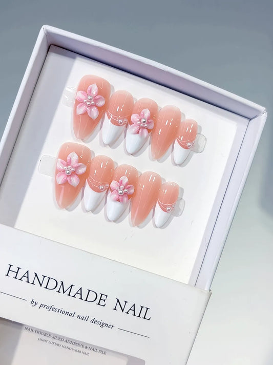 Medium Nude White Almond French tip Flower Pearl