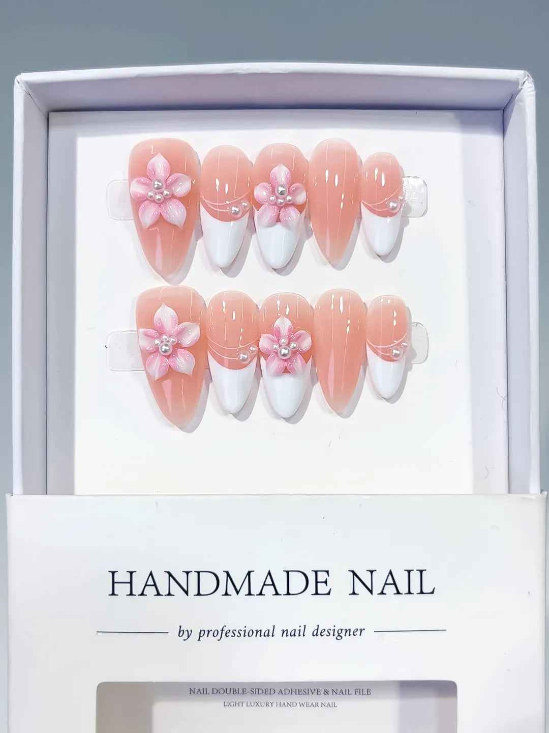 Medium Nude White Almond French tip Flower Pearl