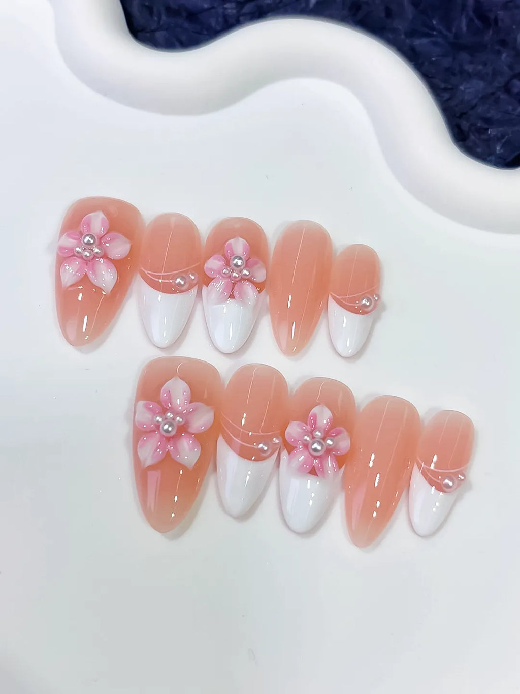 Medium Nude White Almond French tip Flower Pearl