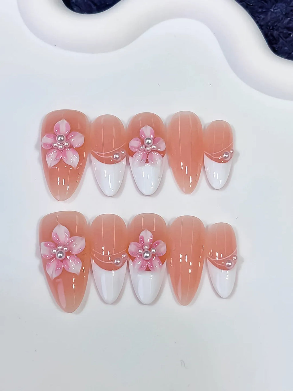Medium Nude White Almond French tip Flower Pearl