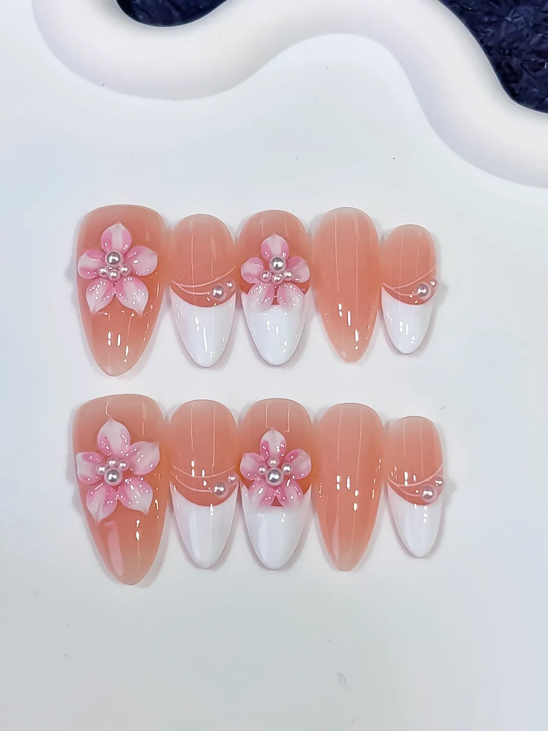 Medium Nude White Almond French tip Flower Pearl