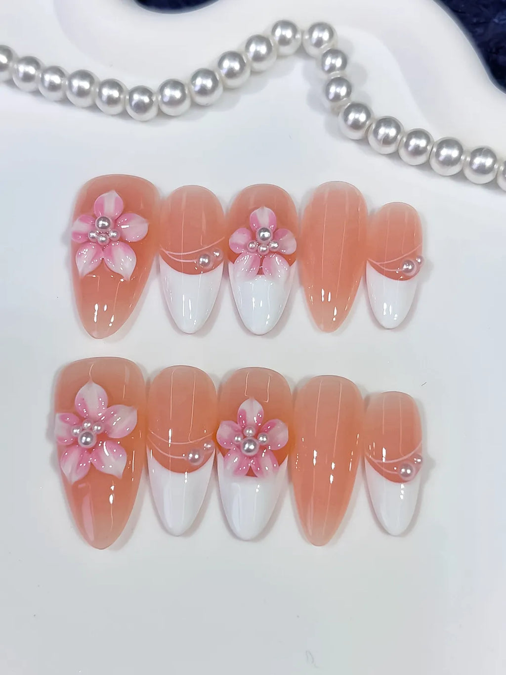 Medium Nude White Almond French tip Flower Pearl