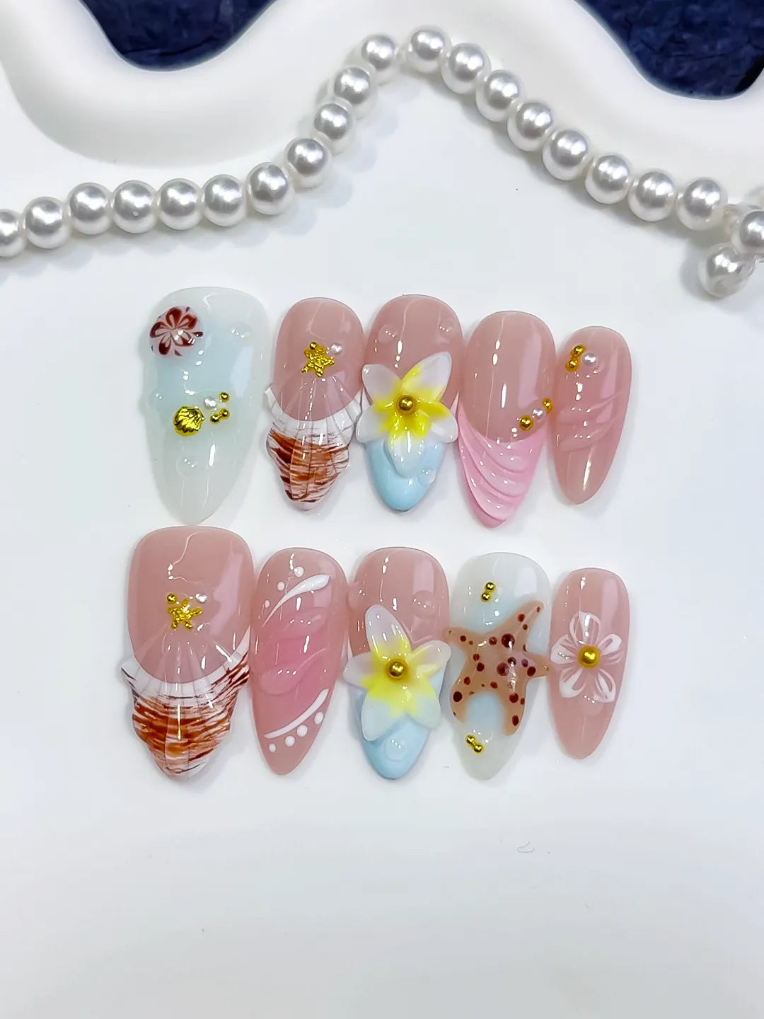 Medium Pink White Almond Abstract Flower Shell