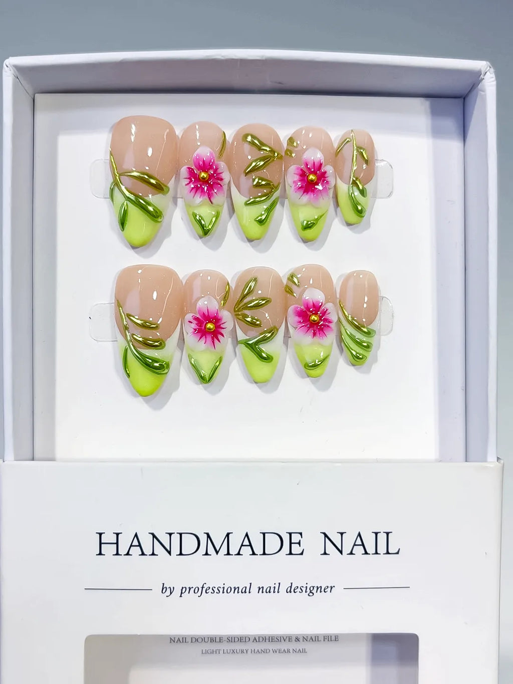 Medium Nude Green Almond French tip Flower Leaf