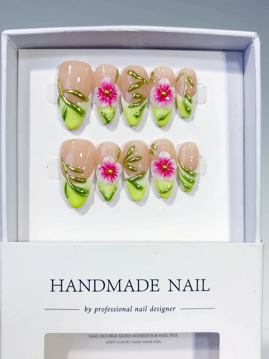 Medium Nude Green Almond French tip Flower Leaf